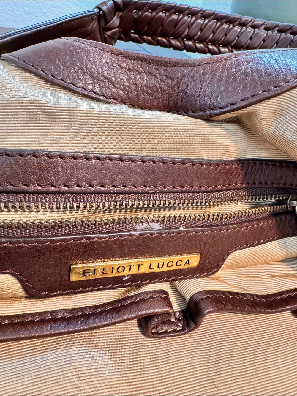 Elliott Lucca Warm Cognac Leather Braided-Handle Tote - Picture 9 of 10